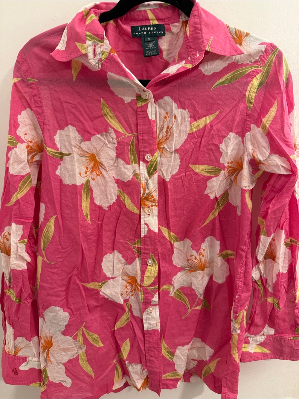 Ralph Lauren Small Hot Pink Floral Button-Up Blouse 100% cotton